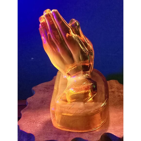 Vintage Kanawha Praying Hands Amberina UV Reactive Glass Paperweight 5"x4"x3" - Picture 2 of 14